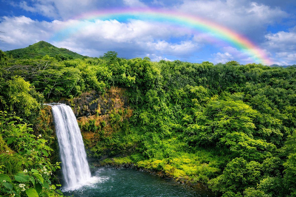 Waterfall and tropical scenery on Kauai